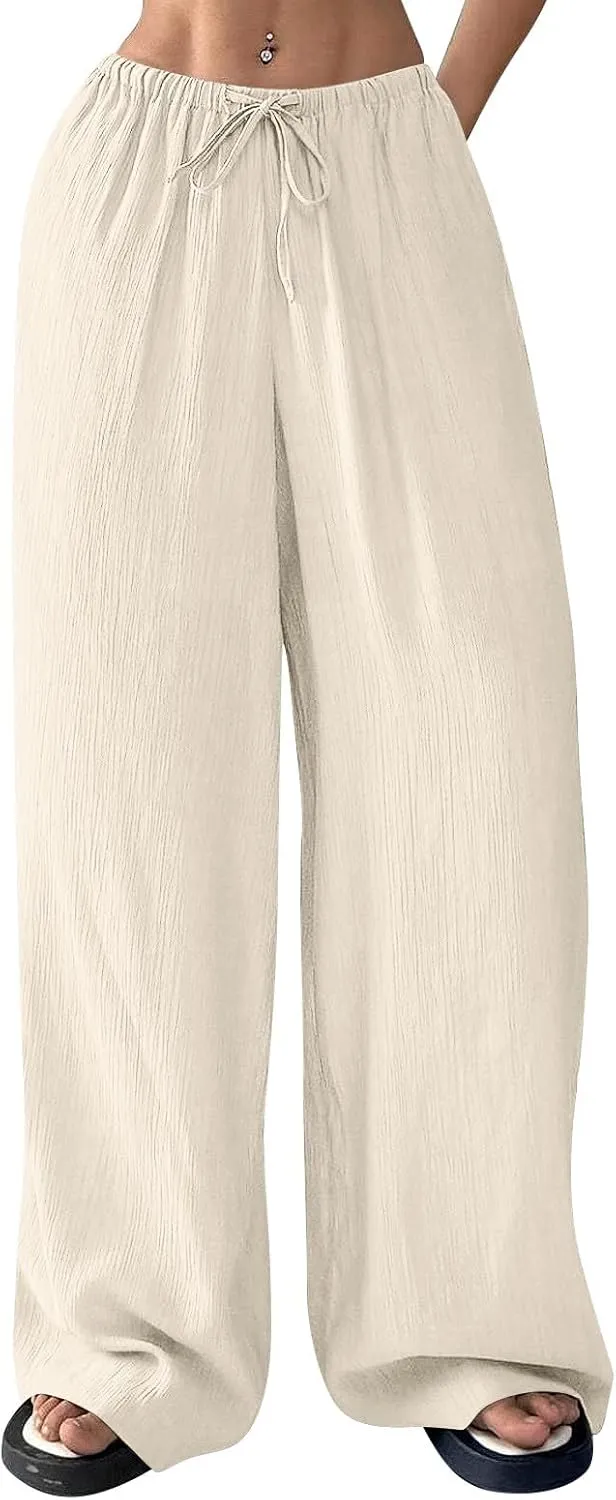 Summer Casual Pants for Women Linen Lightweight Wide Leg Elastic Waist Palazzo Pants Trendy Straight Outfit with Pockets