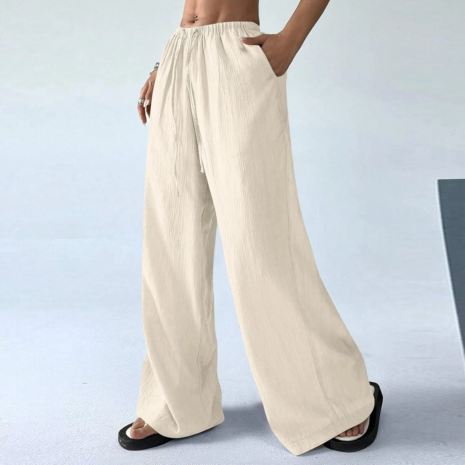 Summer Casual Pants for Women Linen Lightweight Wide Leg Elastic Waist Palazzo Pants Trendy Straight Outfit with Pockets