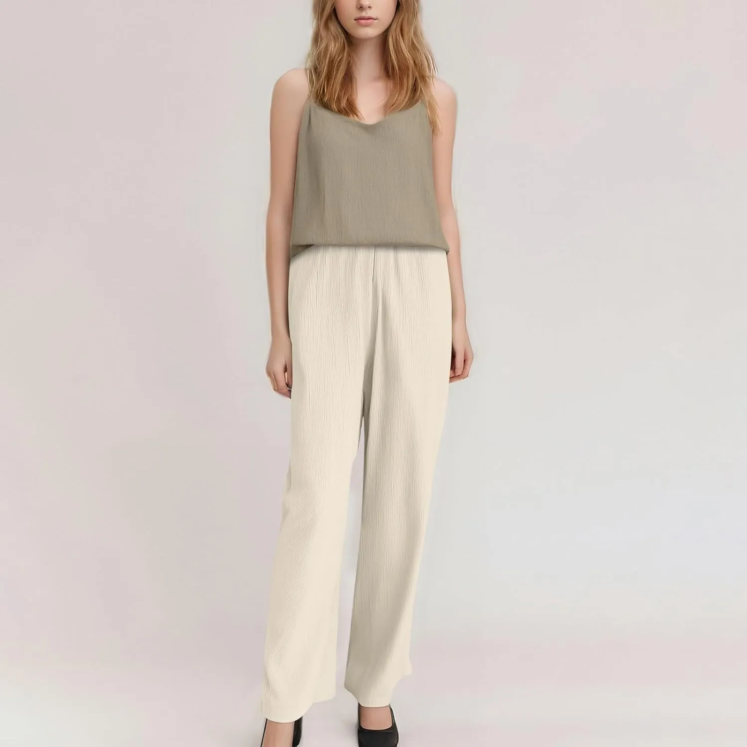 Summer Casual Pants for Women Linen Lightweight Wide Leg Elastic Waist Palazzo Pants Trendy Straight Outfit with Pockets