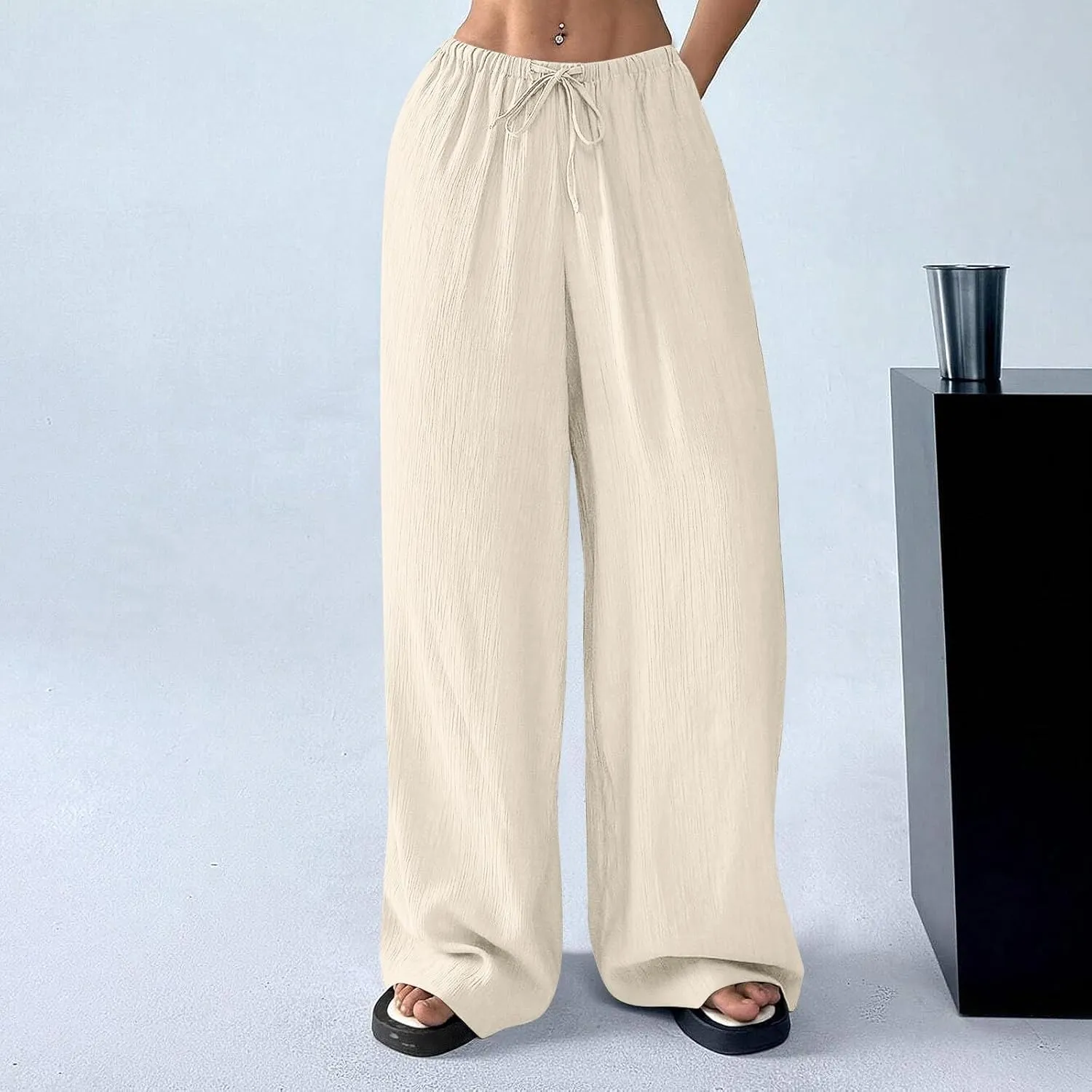 Summer Casual Pants for Women Linen Lightweight Wide Leg Elastic Waist Palazzo Pants Trendy Straight Outfit with Pockets