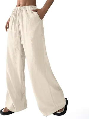 Summer Casual Pants for Women Linen Lightweight Wide Leg Elastic Waist Palazzo Pants Trendy Straight Outfit with Pockets