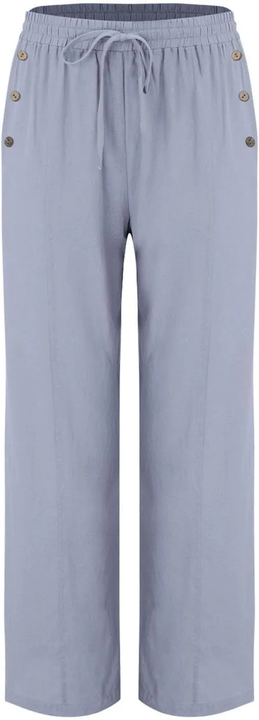 Summer Wide Leg Pants for Women Lightweight Cotton Linen Pant Button Solid Drawstring Elastic Waist Pants with Pockets