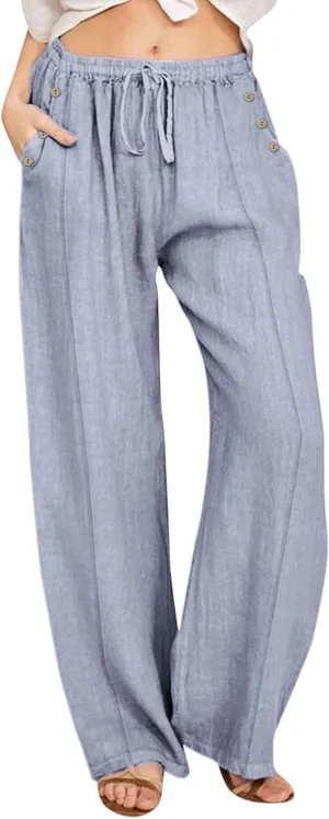 Summer Wide Leg Pants for Women Lightweight Cotton Linen Pant Button Solid Drawstring Elastic Waist Pants with Pockets