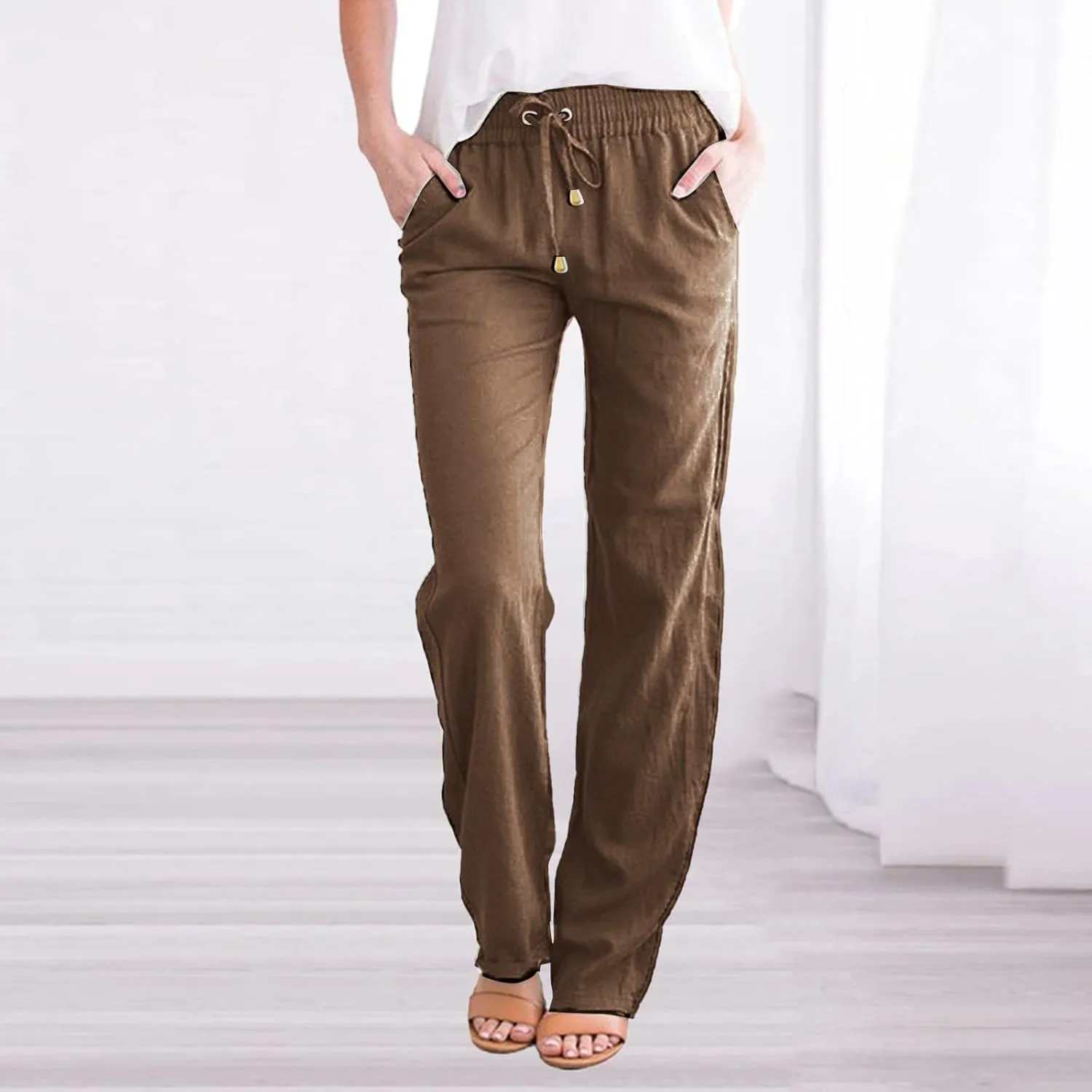 Summer Womens Linen Pants Cotton Wide Leg Casual Loose Drawstring High Waist Palazzo Pants Trousers with Pockets