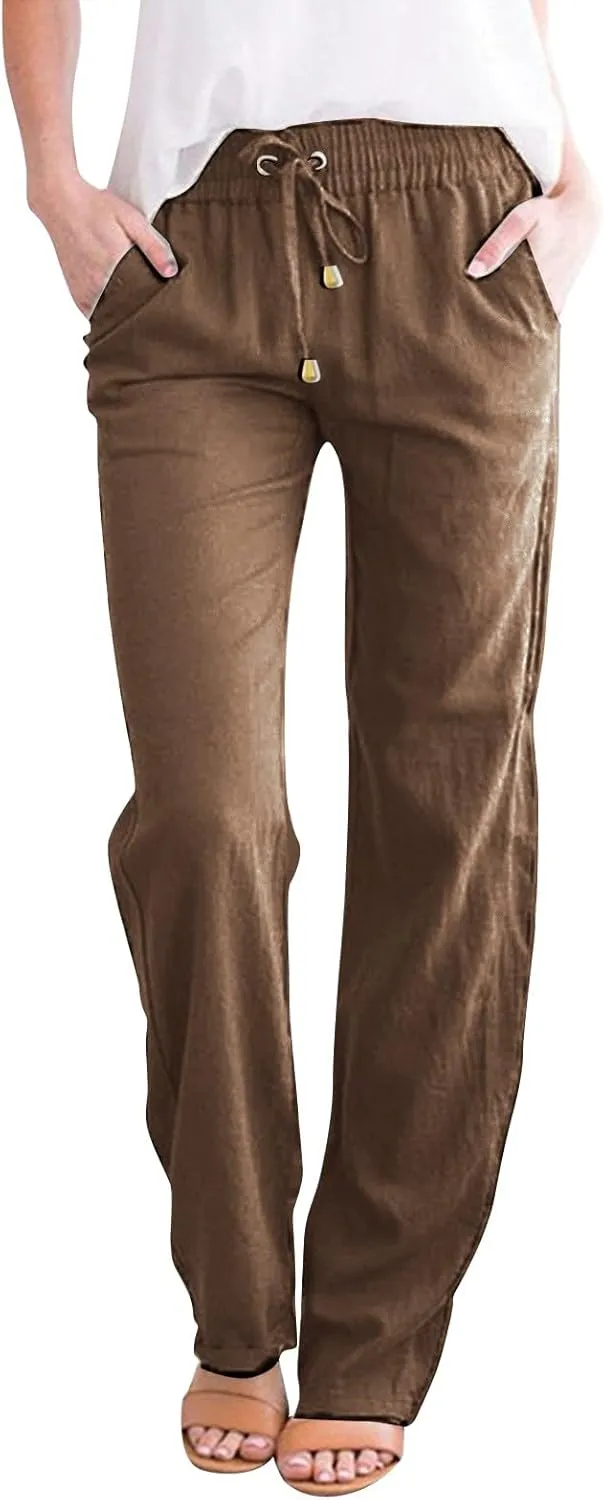 Summer Womens Linen Pants Cotton Wide Leg Casual Loose Drawstring High Waist Palazzo Pants Trousers with Pockets