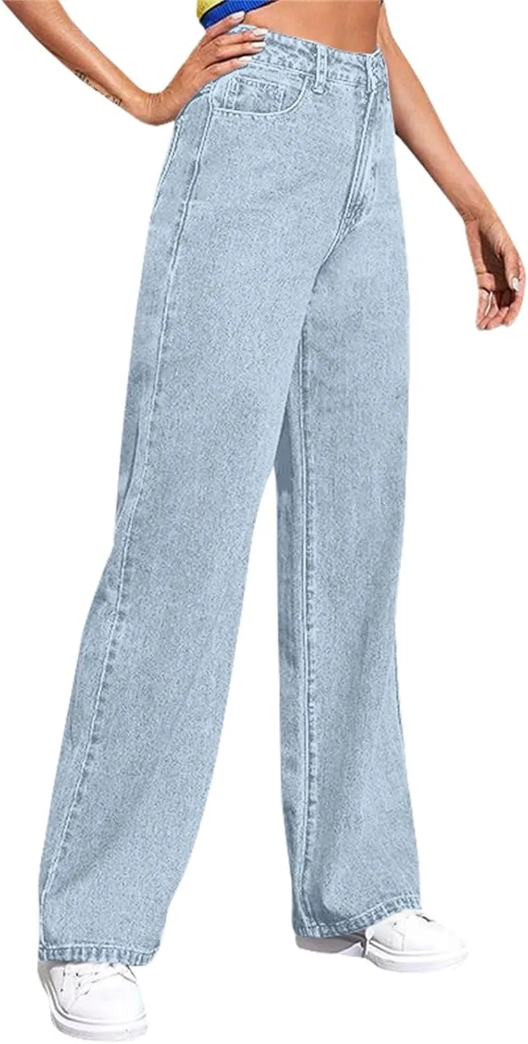 Sweatpants That Look Like Jeans for Women Wide Leg Sweatpants High Waist Baggy Straight Leg Boyfriend Jeans w/Pockets