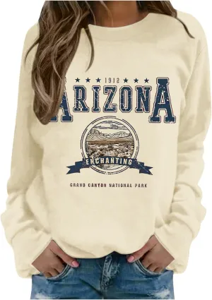 Sweatshirt Women Camo Hoodie Oversized Graphic Sweatshirt for Women Arizona Long Sleeve Drop Shoulder Crew Neck Pullover Preppy Cute Fall Sweater Beige Small