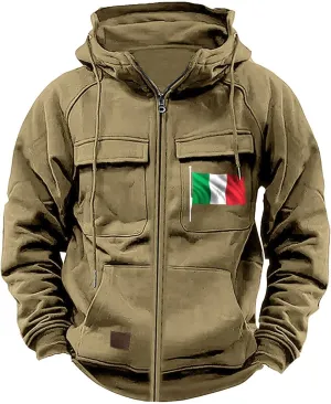 Tactical Sweatshirts Men Hoodies Full Zip Flag Graphic Workout Cargo Pullover Sport Outdoor Winter Jacket with Pockets