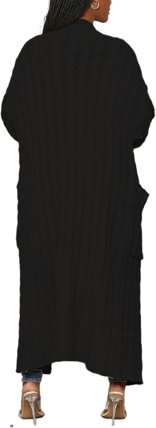 Tcremisa Long Cable Knit Cardigans for Women Chunky Open Front Maxi Sweater Coat Loose Dual Pocket Winter Outwear
