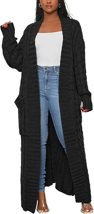Tcremisa Long Cable Knit Cardigans for Women Chunky Open Front Maxi Sweater Coat Loose Dual Pocket Winter Outwear