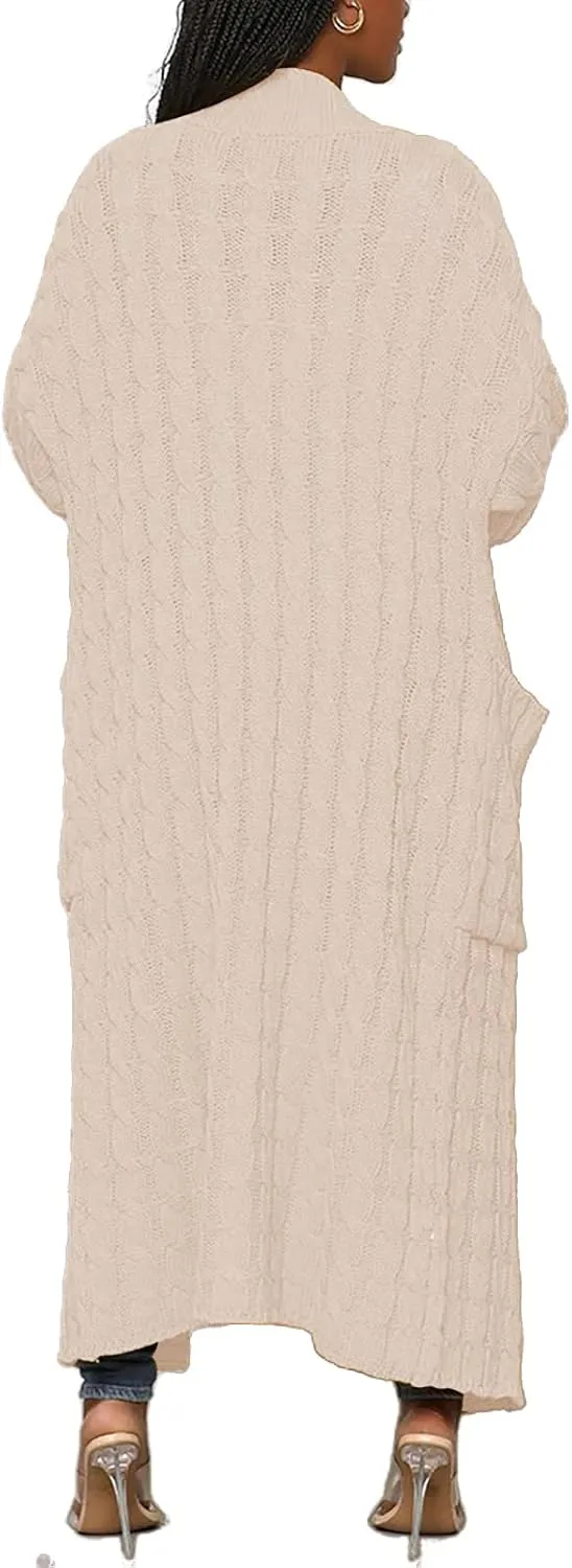 Tcremisa Long Cable Knit Cardigans for Women Chunky Open Front Maxi Sweater Coat Loose Dual Pocket Winter Outwear