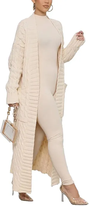 Tcremisa Long Cable Knit Cardigans for Women Chunky Open Front Maxi Sweater Coat Loose Dual Pocket Winter Outwear