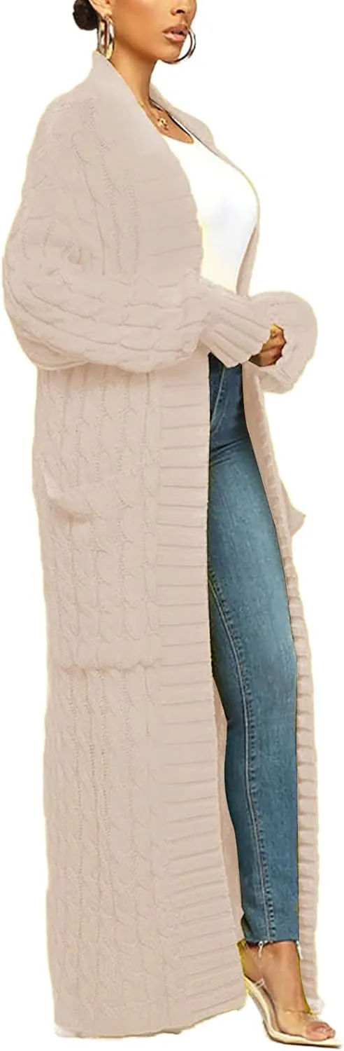 Tcremisa Long Cable Knit Cardigans for Women Chunky Open Front Maxi Sweater Coat Loose Dual Pocket Winter Outwear