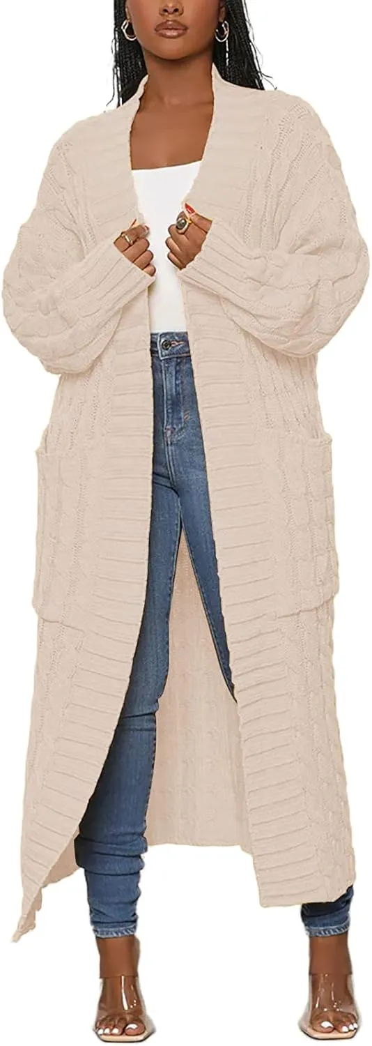 Tcremisa Long Cable Knit Cardigans for Women Chunky Open Front Maxi Sweater Coat Loose Dual Pocket Winter Outwear