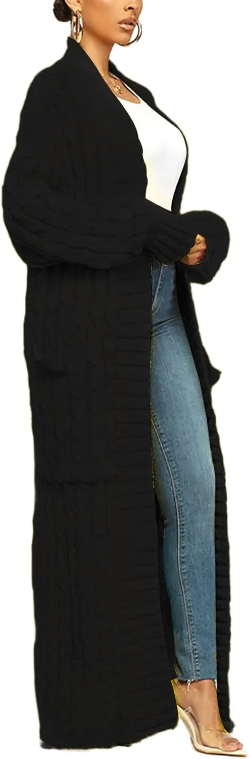 Tcremisa Long Cable Knit Cardigans for Women Chunky Open Front Maxi Sweater Coat Loose Dual Pocket Winter Outwear