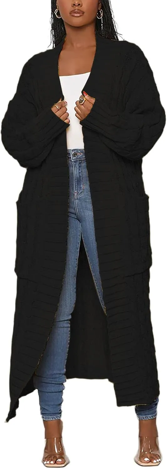 Tcremisa Long Cable Knit Cardigans for Women Chunky Open Front Maxi Sweater Coat Loose Dual Pocket Winter Outwear