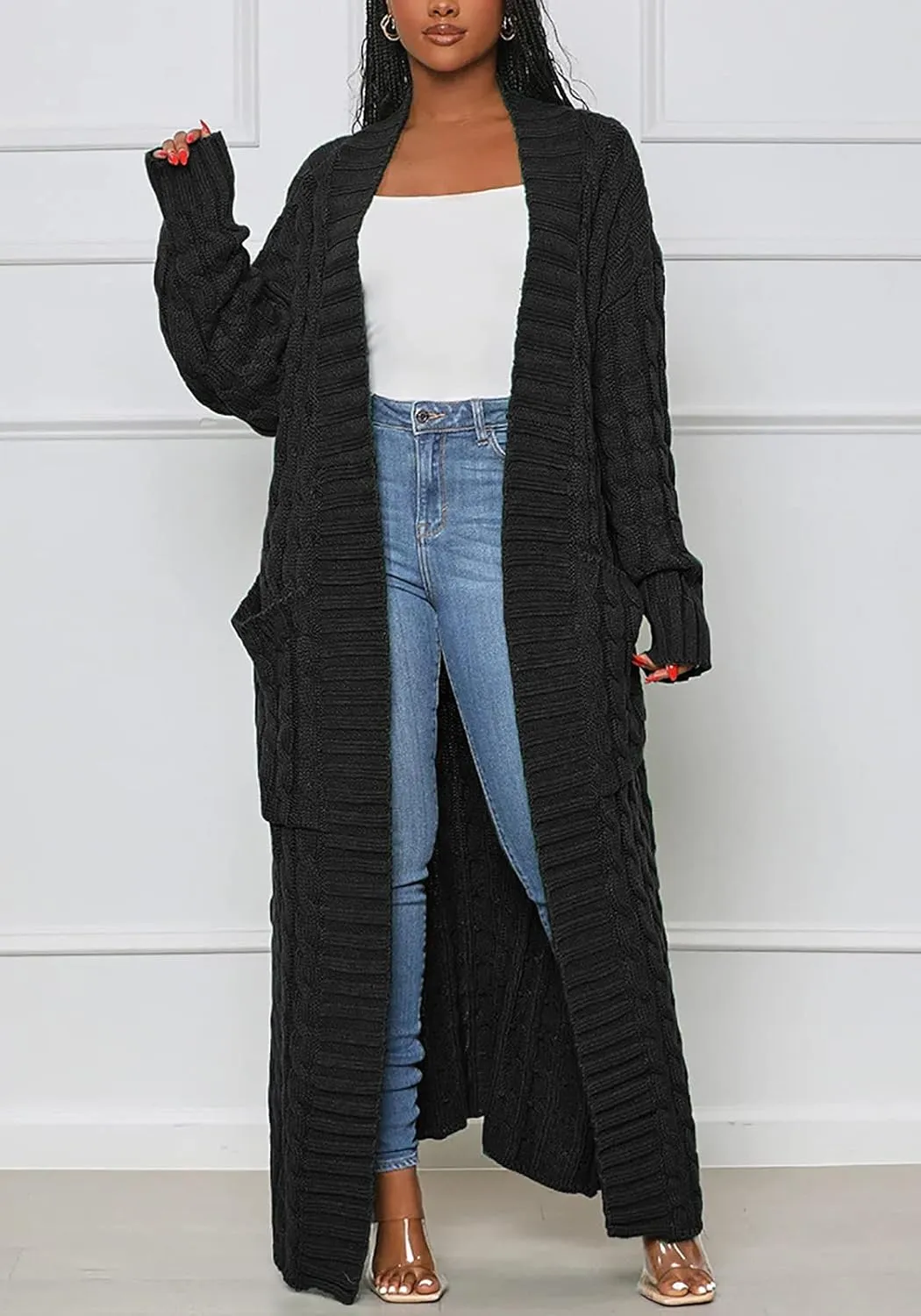 Tcremisa Long Cable Knit Cardigans for Women Chunky Open Front Maxi Sweater Coat Loose Dual Pocket Winter Outwear