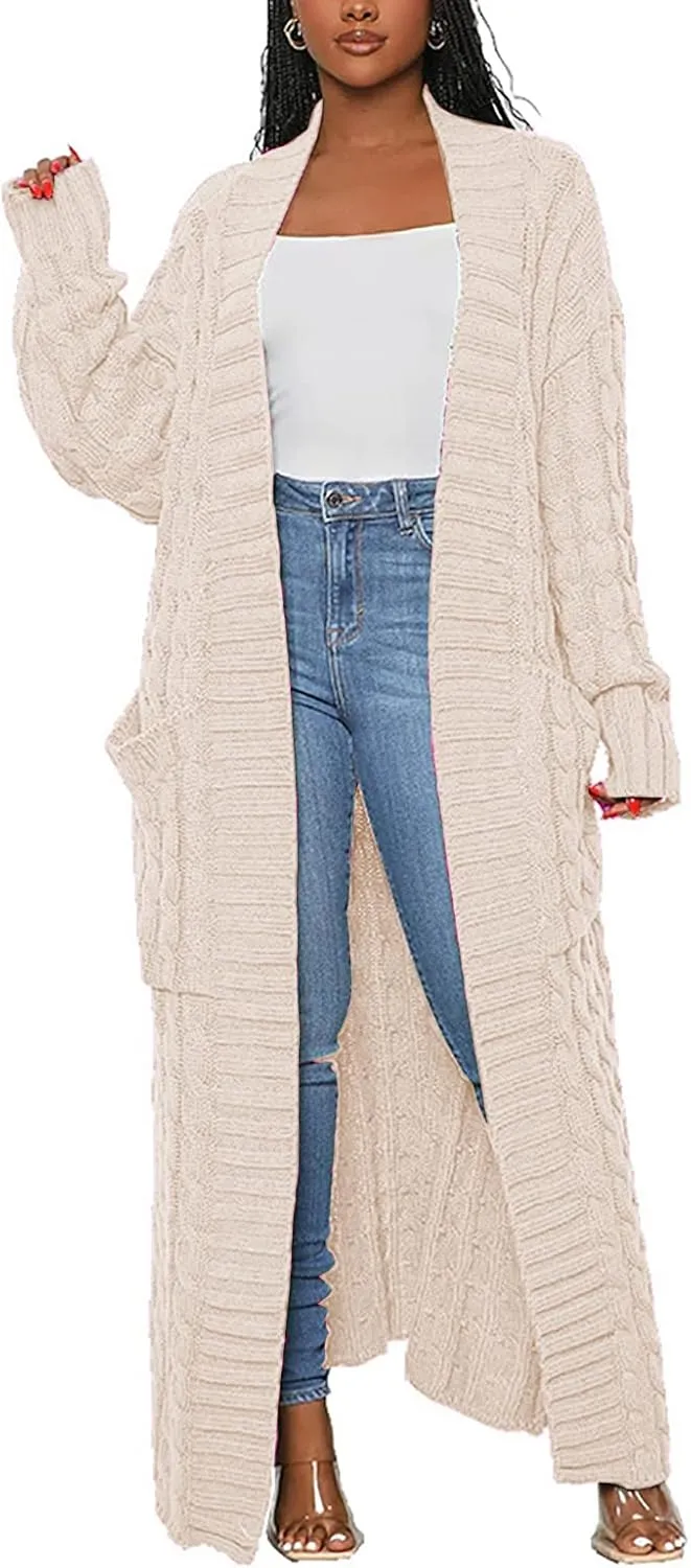 Tcremisa Long Cable Knit Cardigans for Women Chunky Open Front Maxi Sweater Coat Loose Dual Pocket Winter Outwear