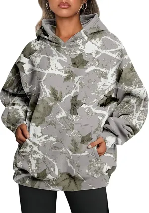 Thatrich Camo Hoodie Womens Maple Leaf Printed Sweatshirts Trendy Graphic Hoodies Lightweight Pullover Sweatshirt Spring Tops