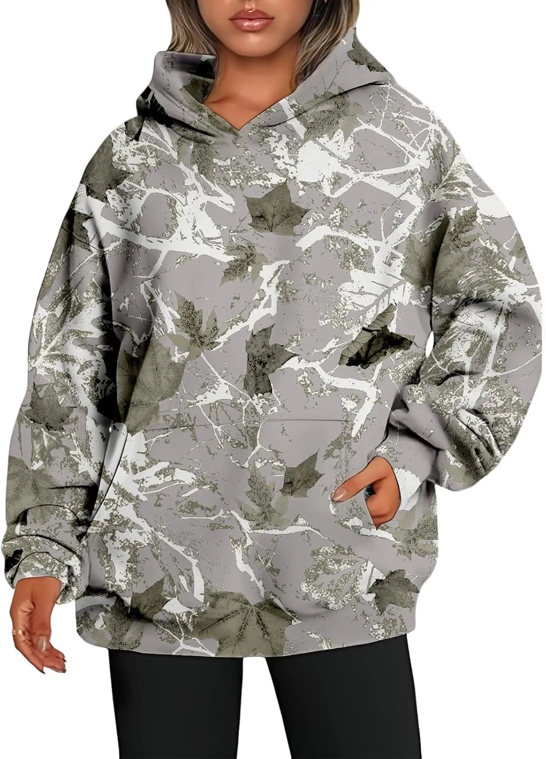 Thatrich Camo Hoodie Womens Maple Leaf Printed Sweatshirts Trendy Graphic Hoodies Lightweight Pullover Sweatshirt Spring Tops