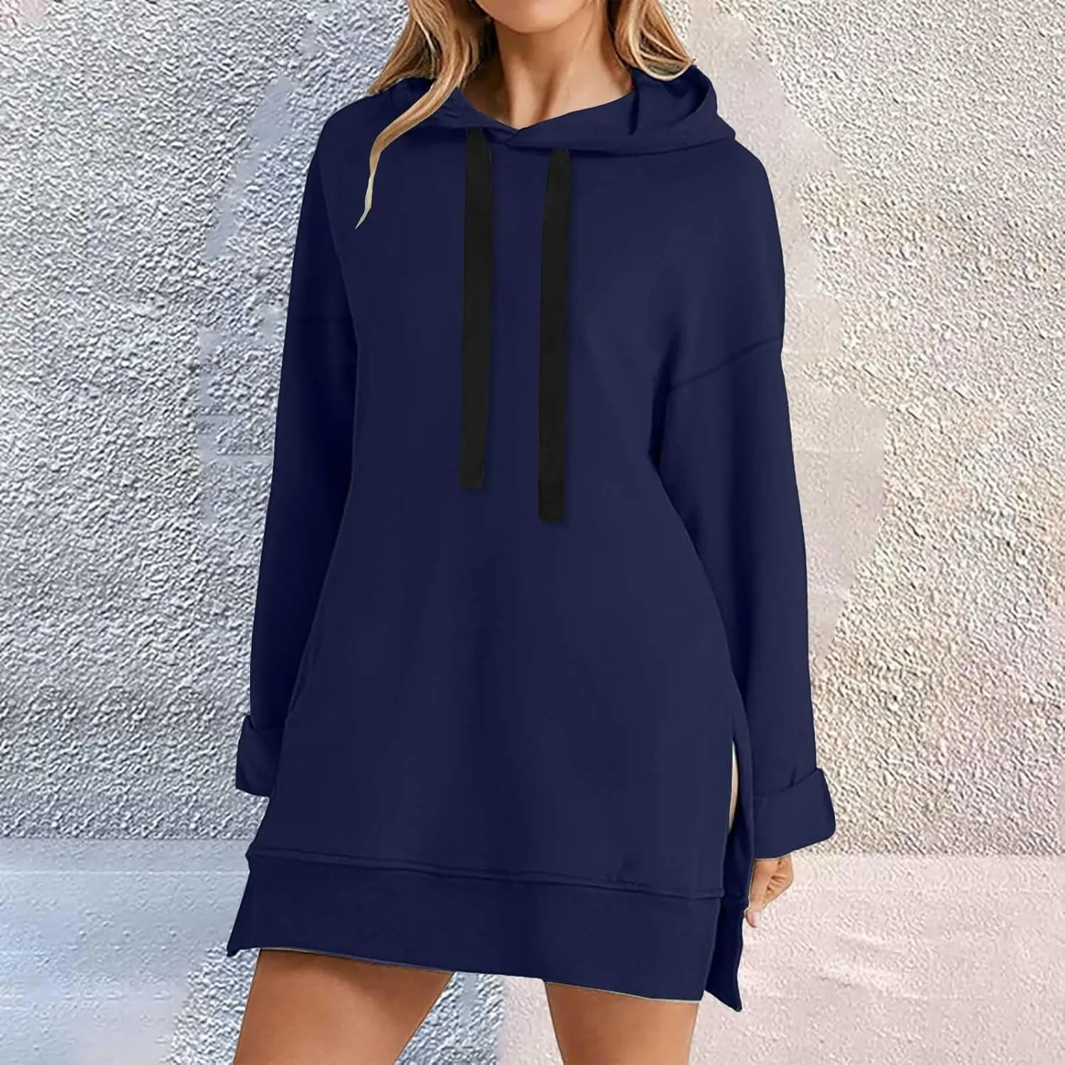 The Warmy Oversized Hoodie Dress for Women Split Hem Pullover Tops Long Sweatshirt with Pocket Casual Dressy Tunics