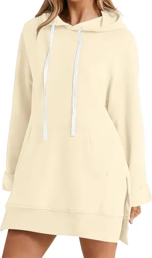 The Warmy Oversized Hoodie Dress for Women Split Hem Pullover Tops Long Sweatshirt with Pocket Casual Dressy Tunics