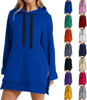 The Warmy Oversized Hoodie Dress for Women Split Hem Pullover Tops Long Sweatshirt with Pocket Casual Dressy Tunics