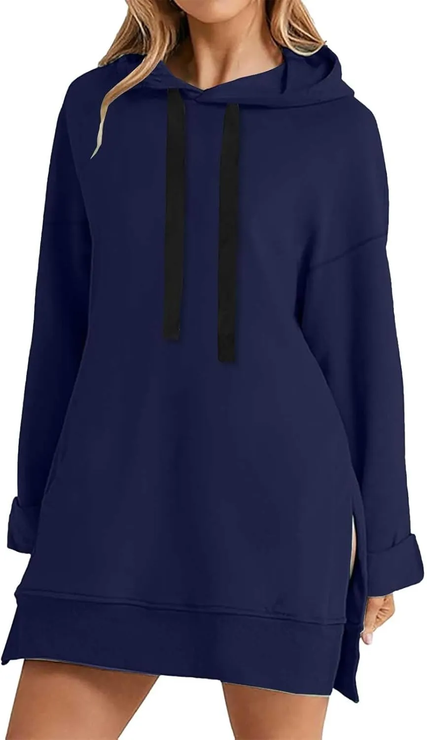 The Warmy Oversized Hoodie Dress for Women Split Hem Pullover Tops Long Sweatshirt with Pocket Casual Dressy Tunics