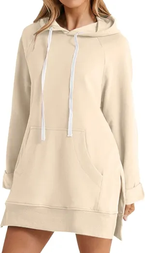 The Warmy Oversized Hoodie Dress for Women Split Hem Pullover Tops Long Sweatshirt with Pocket Casual Dressy Tunics