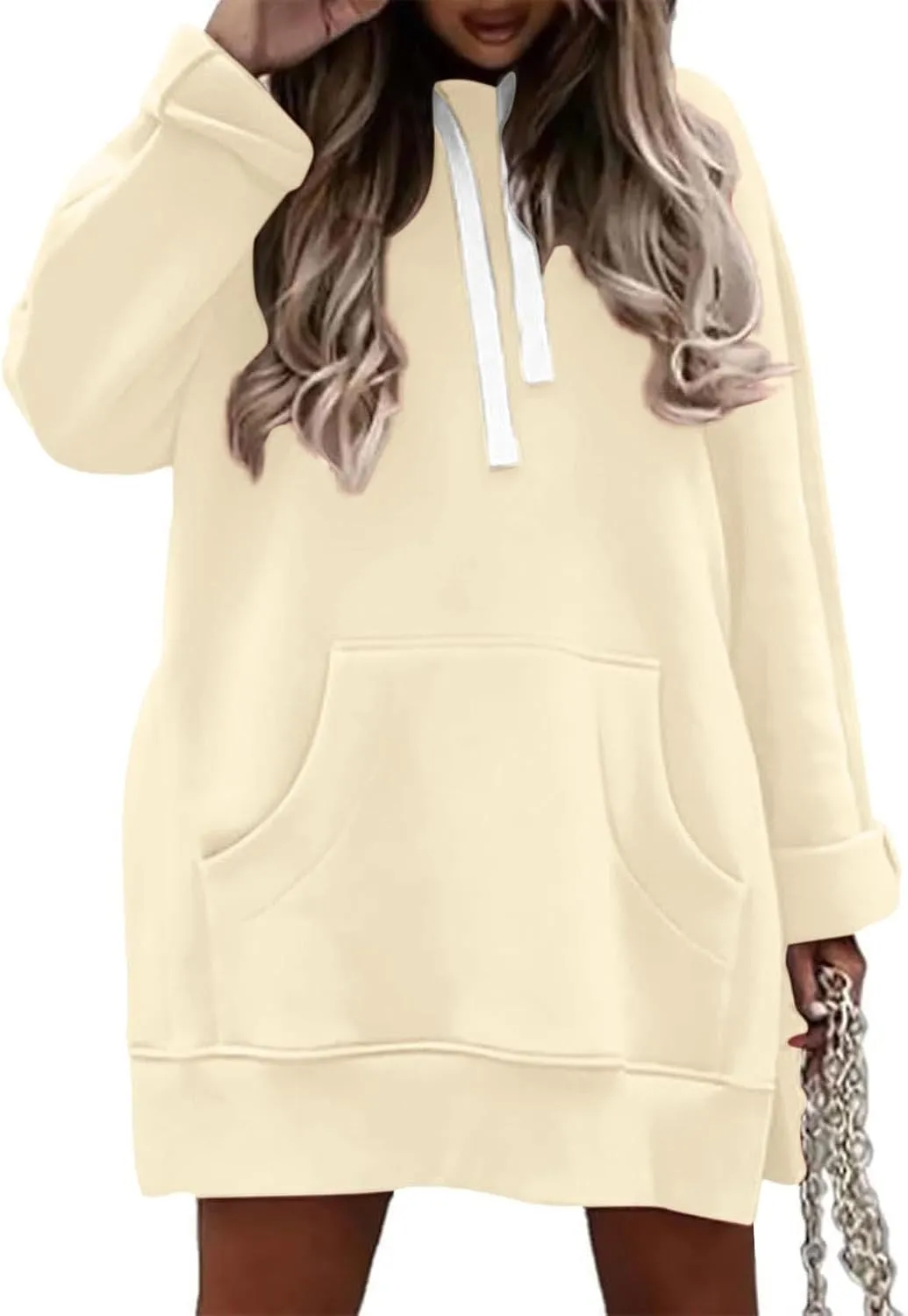 The Warmy Oversized Hoodie Dress for Women Split Hem Pullover Tops Long Sweatshirt with Pocket Casual Dressy Tunics