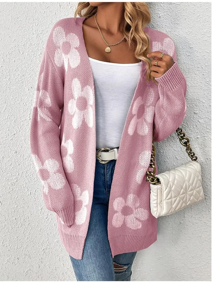 utcoco Womens Long Sleeve Cardigan Sweaters Boho Floral Casual Loose Fit Oversized Open Front Knit Outwear
