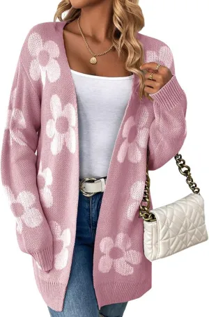 utcoco Womens Long Sleeve Cardigan Sweaters Boho Floral Casual Loose Fit Oversized Open Front Knit Outwear