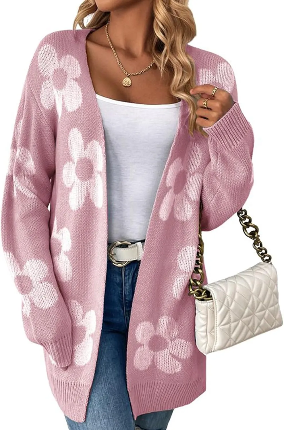 utcoco Womens Long Sleeve Cardigan Sweaters Boho Floral Casual Loose Fit Oversized Open Front Knit Outwear