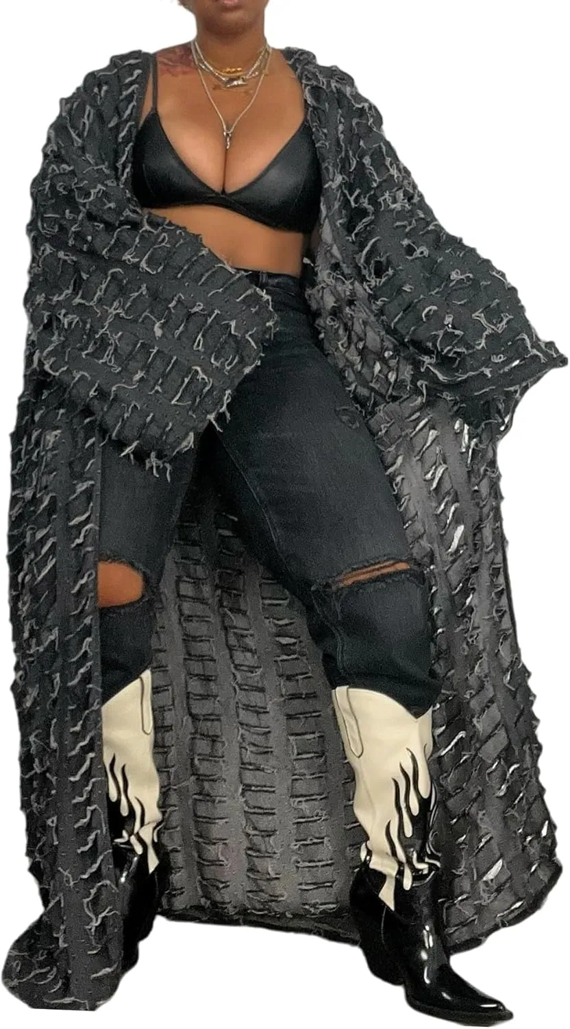 Vakkest Women's Ripped Denim Cardigan Long Jacket Distressed Jean Open Front Kimono Robe Duster Outerwear Trench Coat