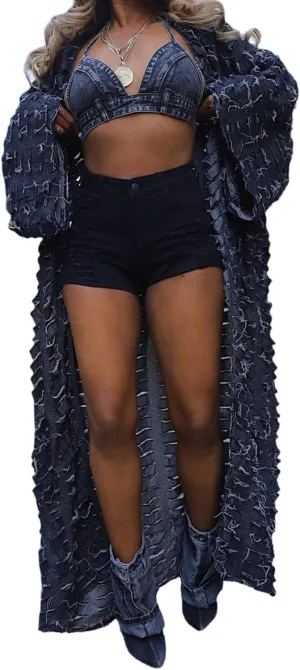 Vakkest Women's Ripped Denim Cardigan Long Jacket Distressed Jean Open Front Kimono Robe Duster Outerwear Trench Coat