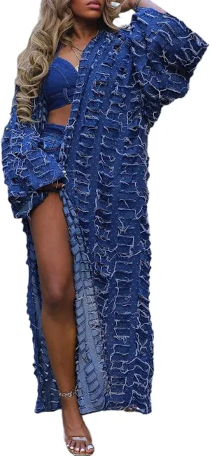 Vakkest Women's Ripped Denim Cardigan Long Jacket Distressed Jean Open Front Kimono Robe Duster Outerwear Trench Coat