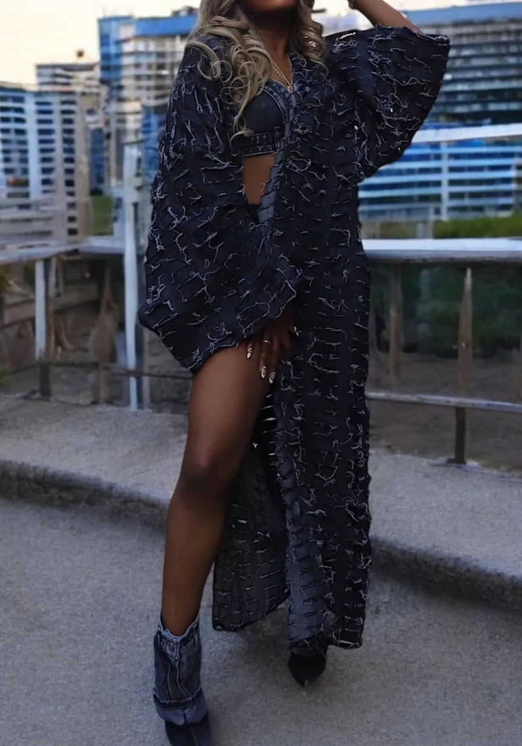 Vakkest Women's Ripped Denim Cardigan Long Jacket Distressed Jean Open Front Kimono Robe Duster Outerwear Trench Coat