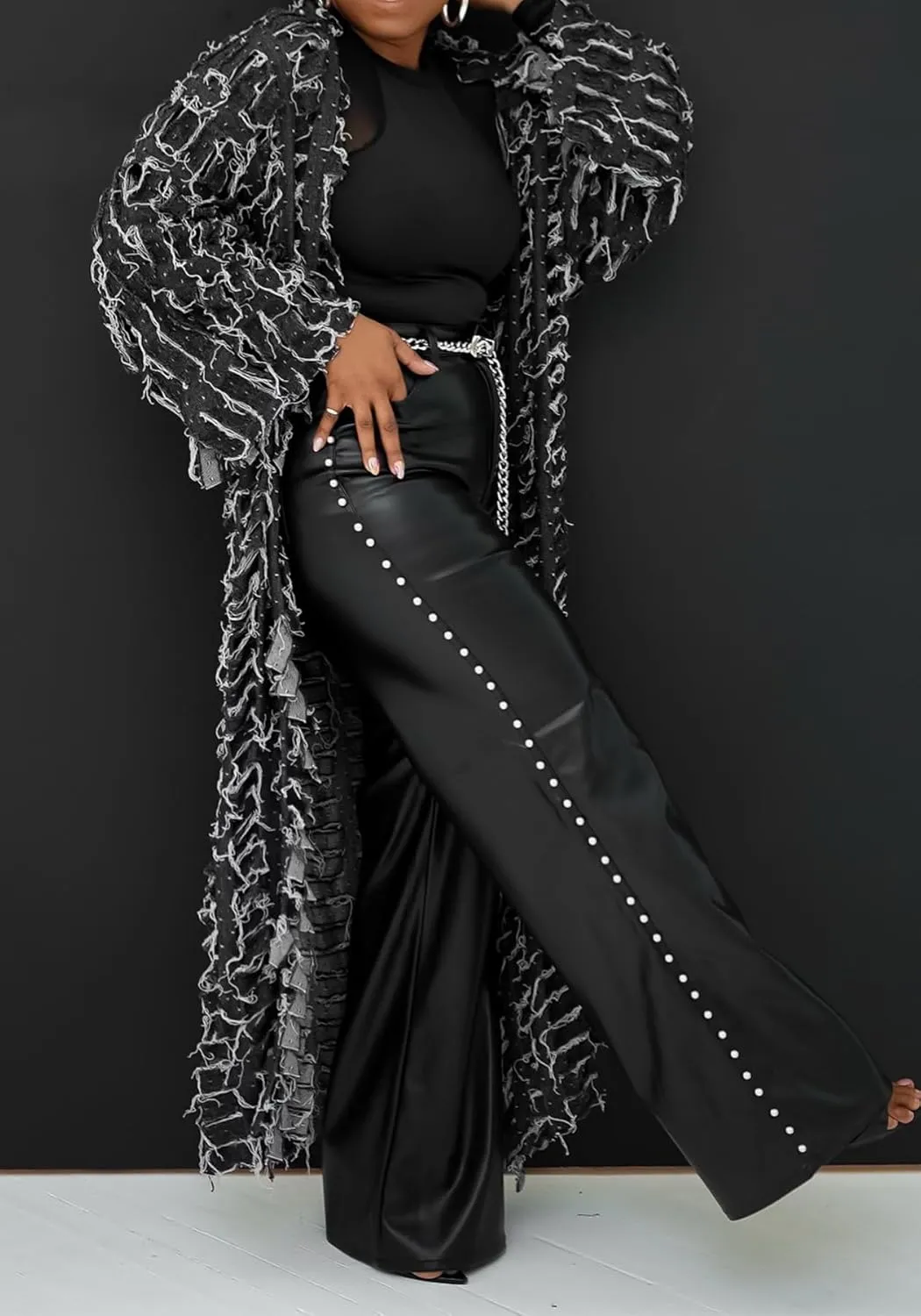 Vakkest Women's Ripped Denim Cardigan Long Jacket Distressed Jean Open Front Kimono Robe Duster Outerwear Trench Coat