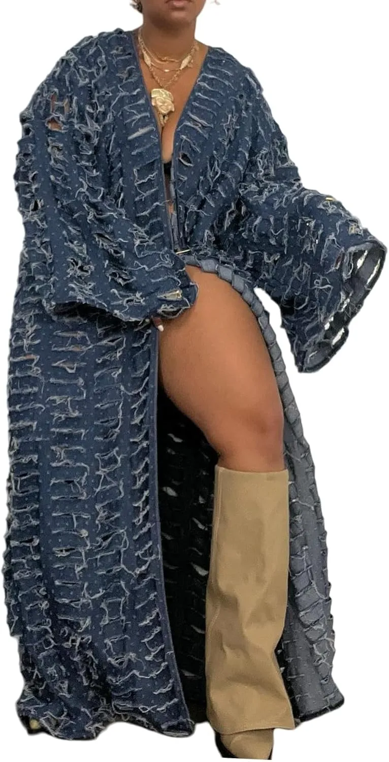 Vakkest Women's Ripped Denim Cardigan Long Jacket Distressed Jean Open Front Kimono Robe Duster Outerwear Trench Coat