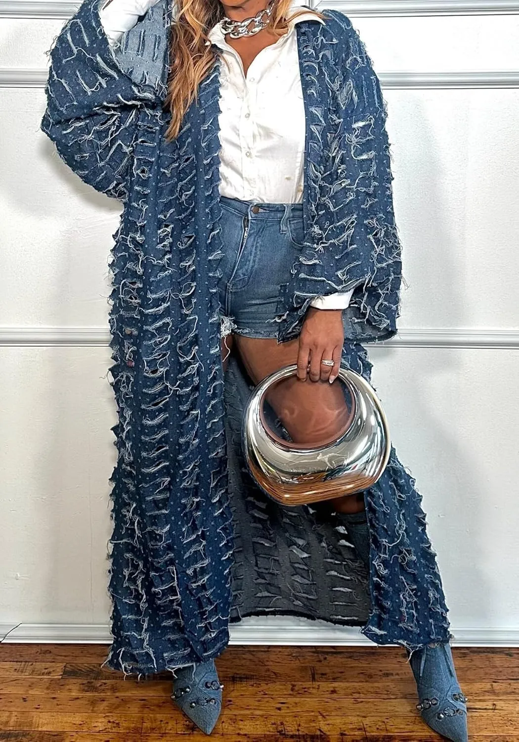Vakkest Women's Ripped Denim Cardigan Long Jacket Distressed Jean Open Front Kimono Robe Duster Outerwear Trench Coat