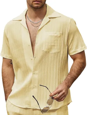 VATPAVE Mens Linen Shirts Casual Button Down Cuban Shirts Short Sleeve Summer Shirts Fashion Textured Beach Shirt with Pocket