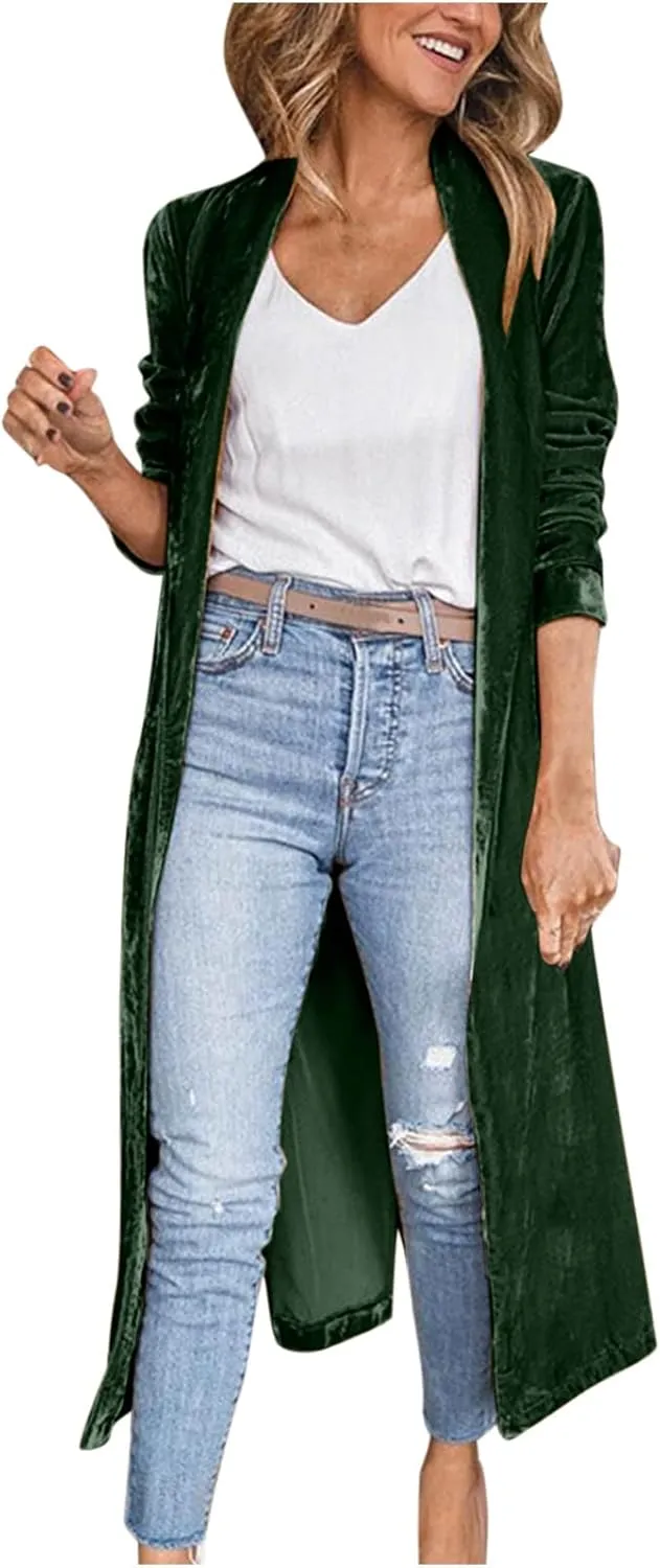 Velvet Cardigan for Women Long Lapel Long Sleeve Shirt with Pockets Mid-Length Open Front Trench Kimono Coat