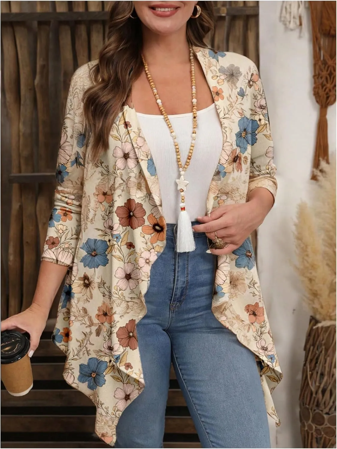 Verdusa Women's Plus Size Boho Floral Kimono Cardigan Open Front Asymmetrical Cover Up