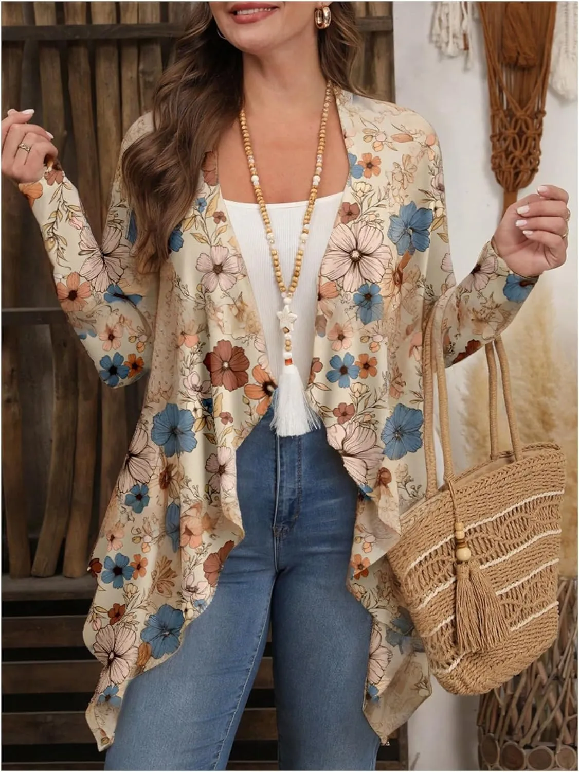 Verdusa Women's Plus Size Boho Floral Kimono Cardigan Open Front Asymmetrical Cover Up