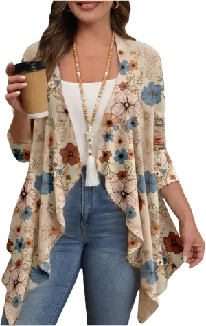 Verdusa Women's Plus Size Boho Floral Kimono Cardigan Open Front Asymmetrical Cover Up