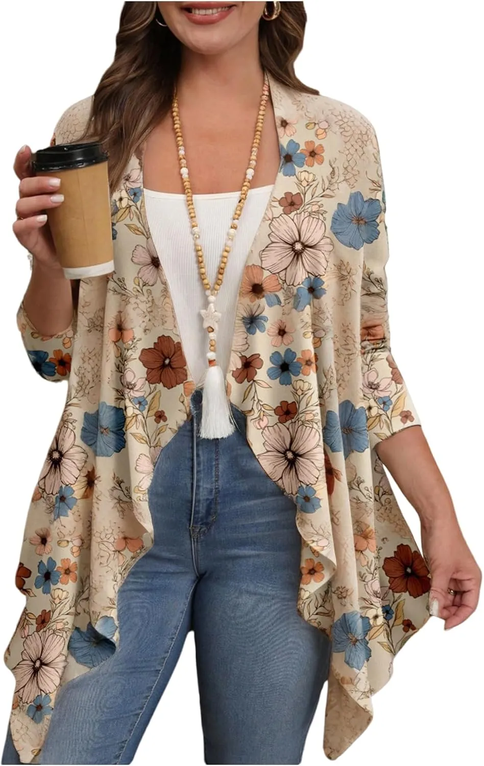 Verdusa Women's Plus Size Boho Floral Kimono Cardigan Open Front Asymmetrical Cover Up