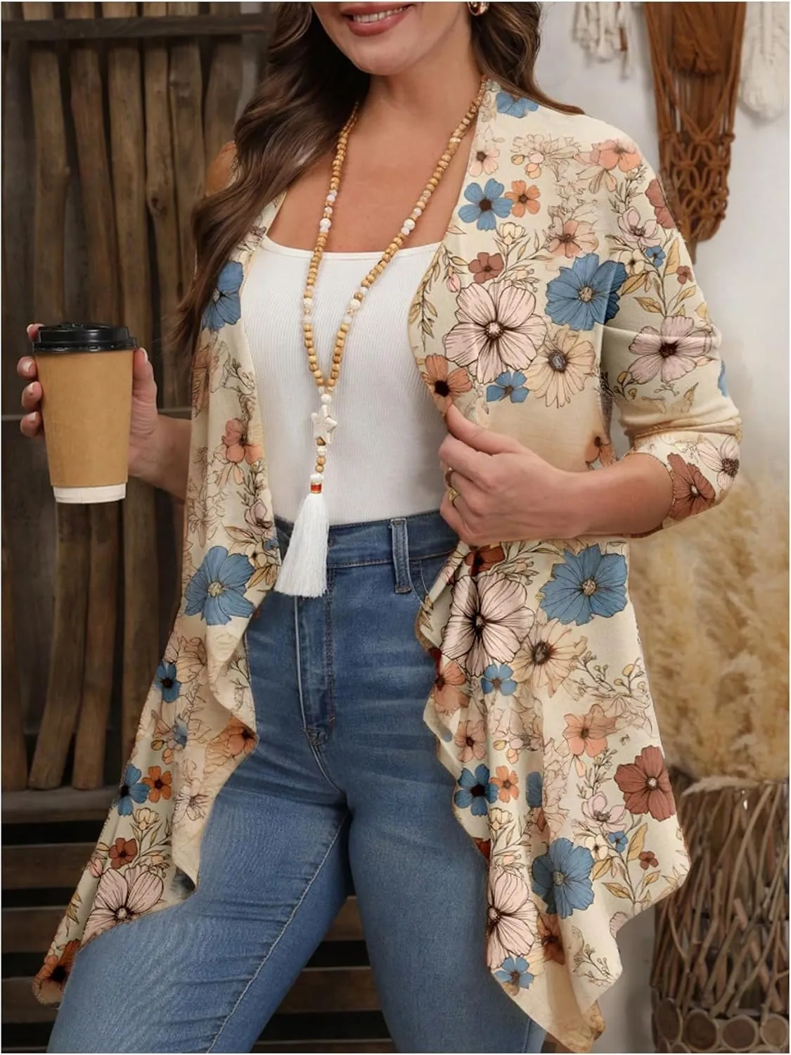 Verdusa Women's Plus Size Boho Floral Kimono Cardigan Open Front Asymmetrical Cover Up
