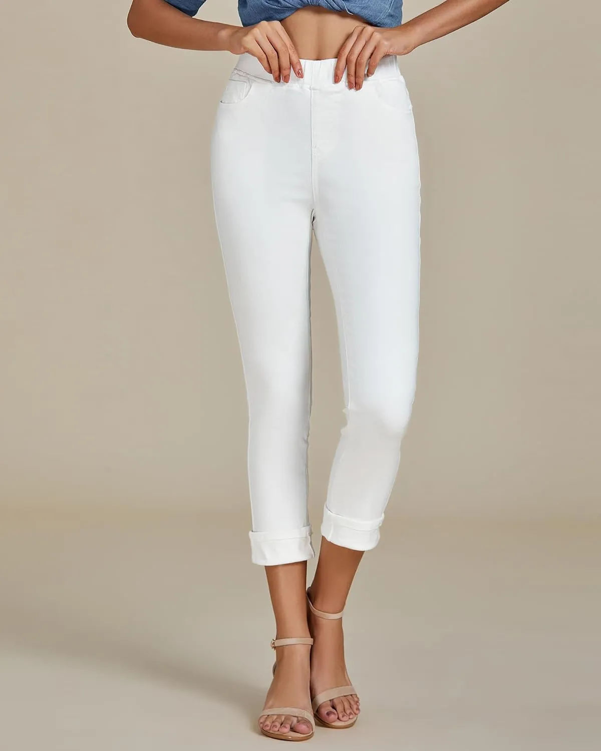 Vetinee Capris Jeans for Women High Waisted Pull On Elastic Waist Skinny Stretchy Denim Capri Pants Rolled Cropped Jeans
