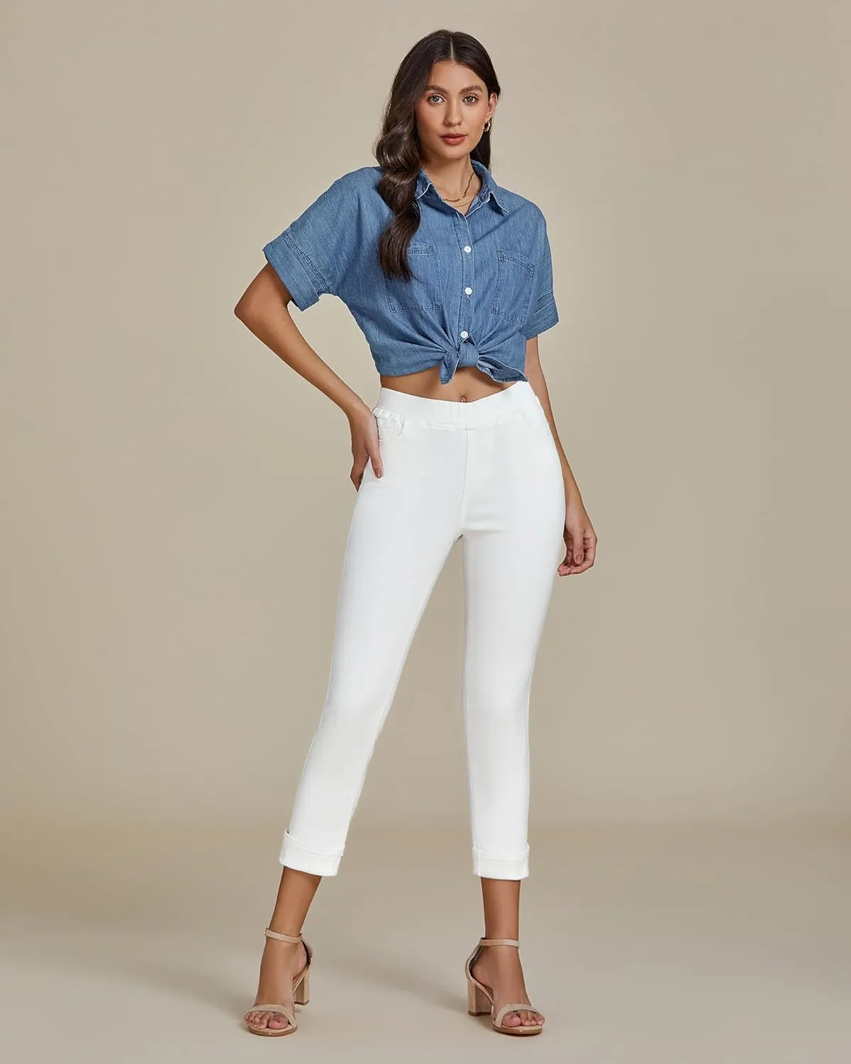 Vetinee Capris Jeans for Women High Waisted Pull On Elastic Waist Skinny Stretchy Denim Capri Pants Rolled Cropped Jeans