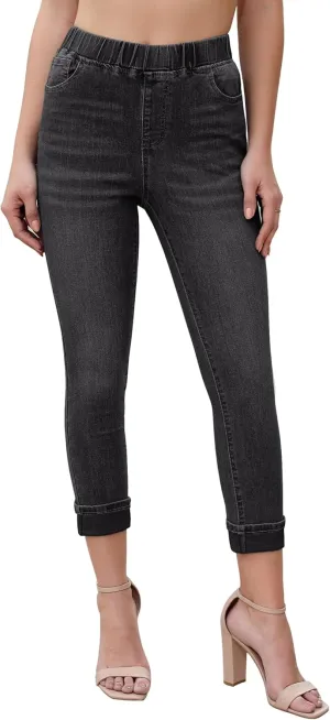 Vetinee Capris Jeans for Women High Waisted Pull On Elastic Waist Skinny Stretchy Denim Capri Pants Rolled Cropped Jeans